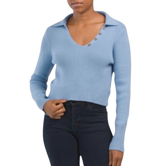 Happily Gray Sweaters - Happily Grey Cropped Ribbed Design Sweater. Size: Medium Color: Lt. Blue